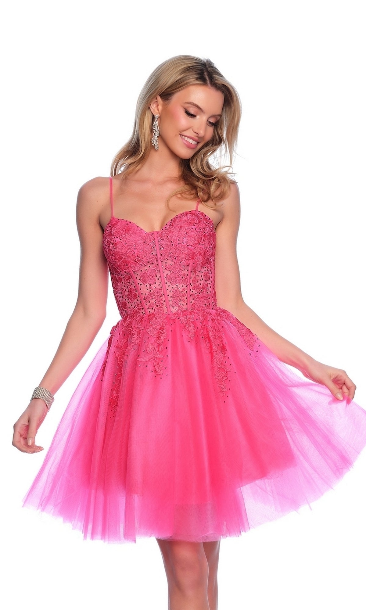 Woman wearing the Dave and Johnny Short White Hoco Dress 11206—a stylish, sleeveless party dress with a fitted bodice and tulle skirt, ideal for fans of semi-formal or embroidered lace dress styles.